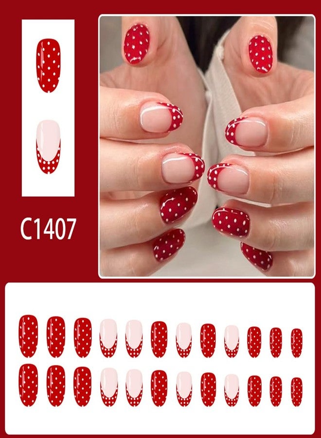 OSTTMA 24Pcs Polka Dot Press on Nails Red French Tip Fake Nails Short Oval False Nails with Cute White Polka Dots Design Glossy Glue on Nail Full Cover French Acrylic Nail for Women Manicure Accessories - Image 2